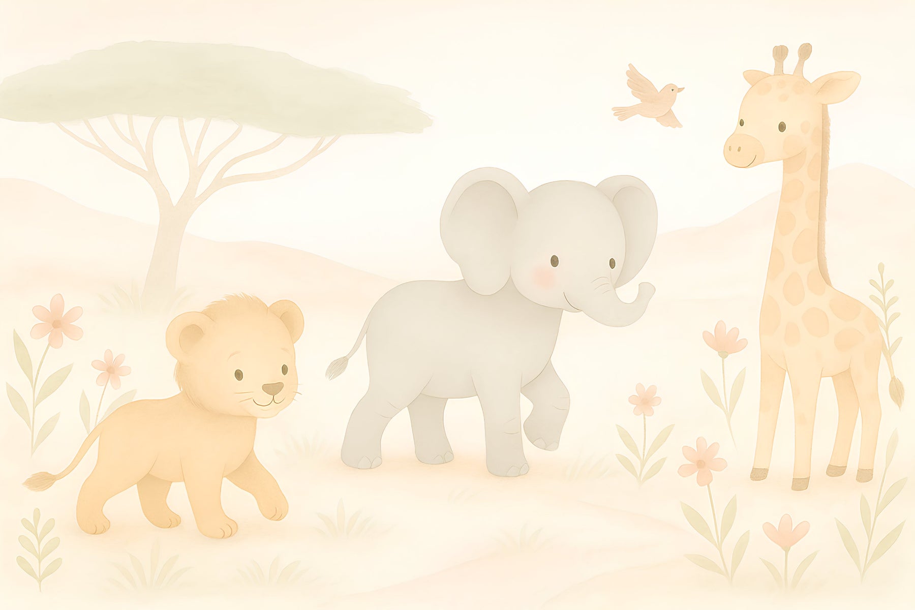 Detailed safari animals mural wallpaper design pattern with pastel savanna theme by Kids-Mundo