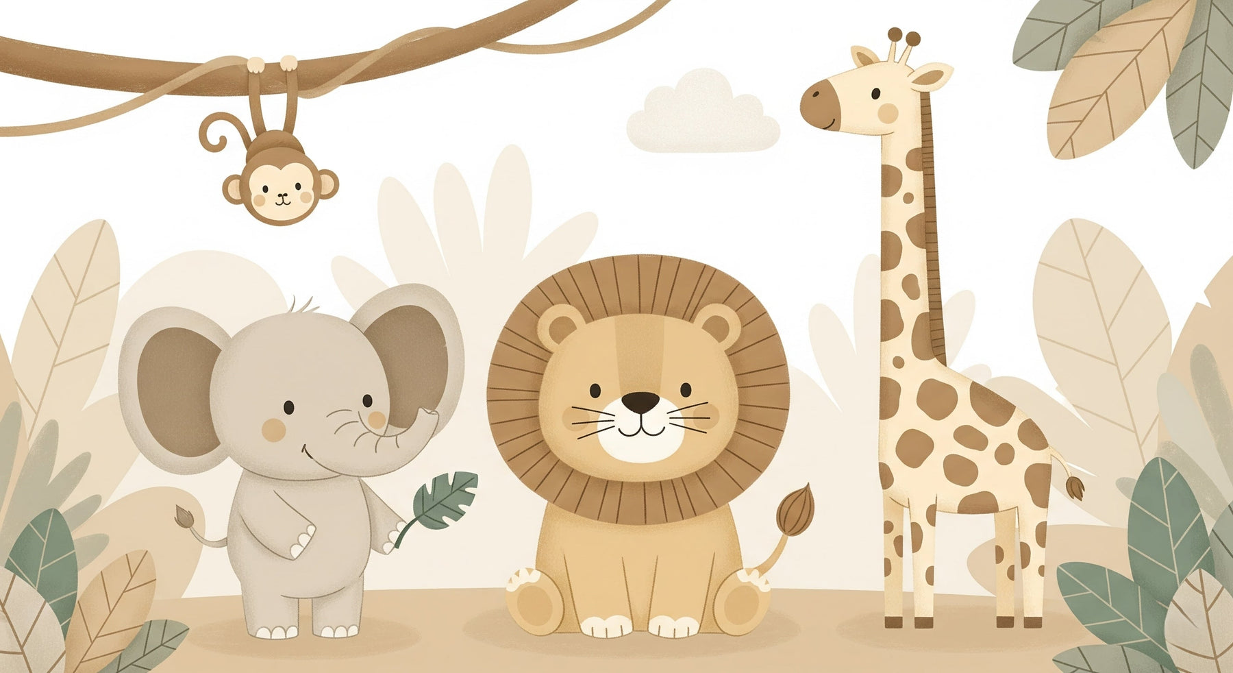 Detailed safari animals mural wallpaper design pattern showing lion elephant giraffe by Kids-Mundo