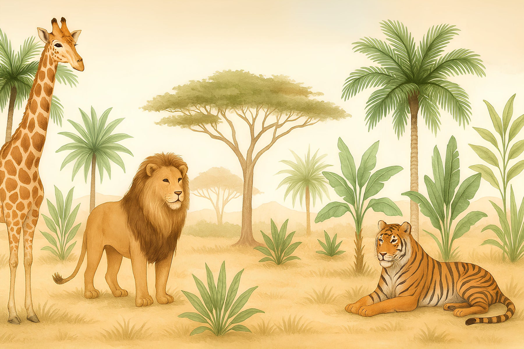 Detailed safari animals mural wallpaper design pattern showing giraffe, lion and tiger by Kids-Mundo