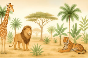 Detailed safari animals mural wallpaper design pattern showing giraffe, lion and tiger by Kids-Mundo