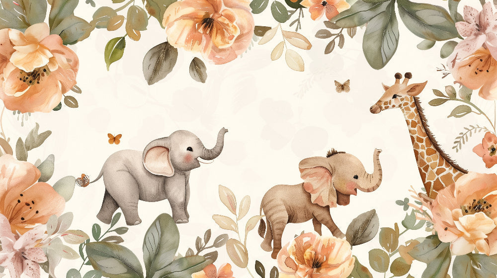 Detailed floral safari animals mural wallpaper design pattern with elephants and giraffe by Kids-Mundo