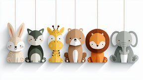 Detailed hanging safari animals mural wallpaper design pattern showing mobile-style layout by Kids-Mundo