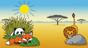 Detailed safari animals mural wallpaper design pattern with lion, fox, and panda in savanna setting by Kids-Mundo