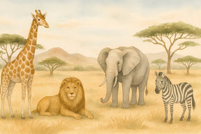 Detailed safari animals mural wallpaper design pattern featuring savanna wildlife by Kids-Mundo