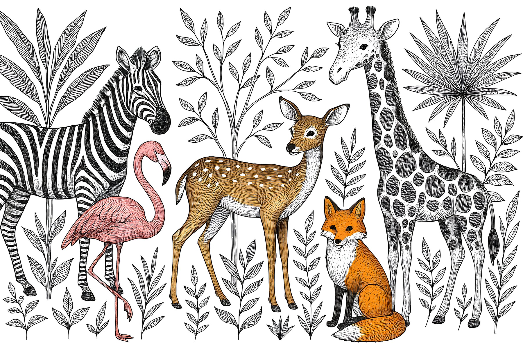 Detailed safari animals mural wallpaper design pattern with giraffe zebra and flamingo by Kids-Mundo