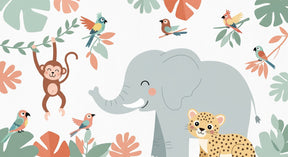 Detailed safari animals mural wallpaper design pattern with elephant and jungle friends by Kids-Mundo