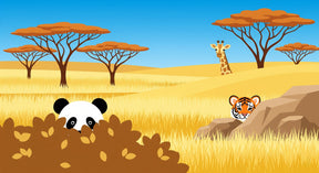 Detailed safari animals mural wallpaper design pattern showing panda, tiger and giraffe by Kids-Mundo