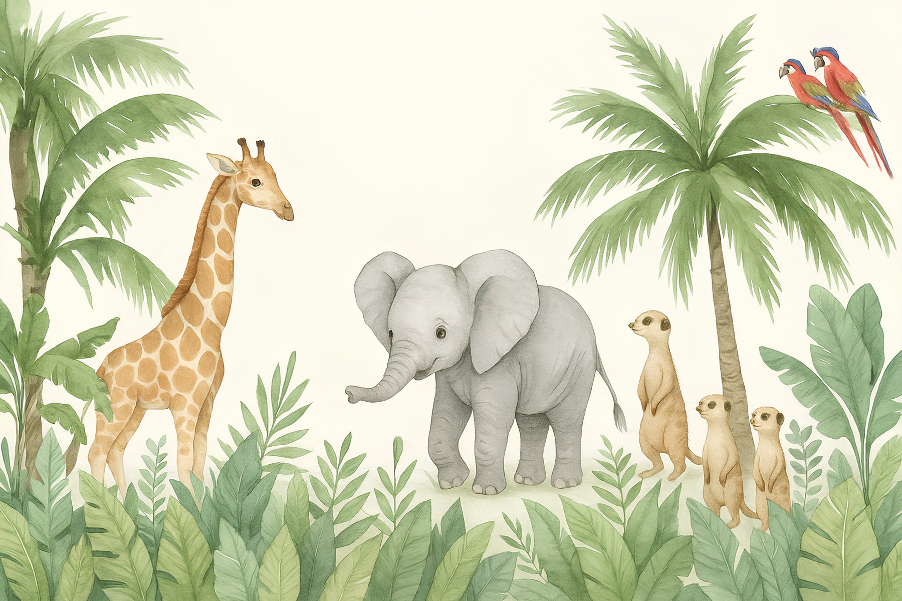 Detailed safari animals mural wallpaper design pattern with elephants, giraffes and jungle foliage by Kids-Mundo