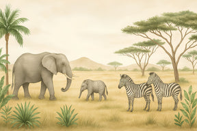 Detailed safari animals mural wallpaper design pattern featuring elephants and zebras by Kids-Mundo