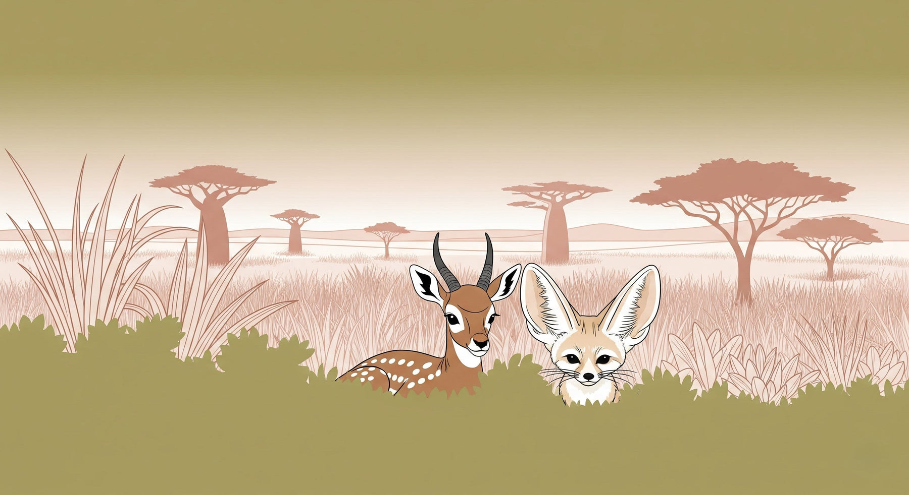 Detailed safari animals mural wallpaper design pattern showing deer and fennec in savanna landscape by Kids-Mundo