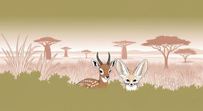 Detailed safari animals mural wallpaper design pattern showing deer and fennec in savanna landscape by Kids-Mundo