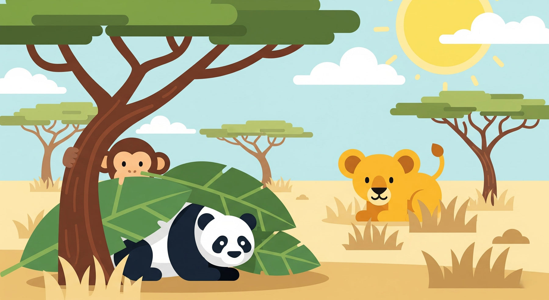 Detailed safari animals mural wallpaper design pattern featuring panda, lion and monkey by Kids-Mundo
