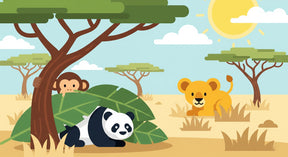 Detailed safari animals mural wallpaper design pattern featuring panda, lion and monkey by Kids-Mundo