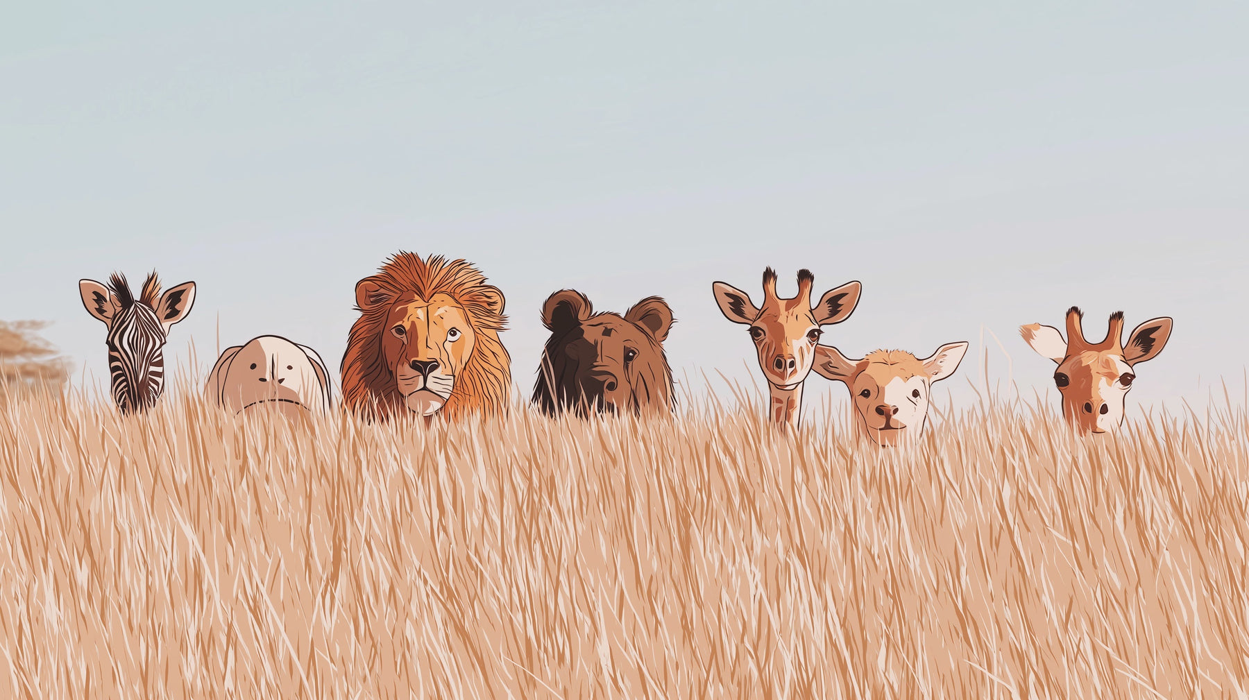 Detailed safari animals mural wallpaper design pattern showing zebra lion and giraffes by Kids-Mundo