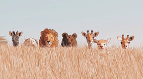 Detailed safari animals mural wallpaper design pattern showing zebra lion and giraffes by Kids-Mundo