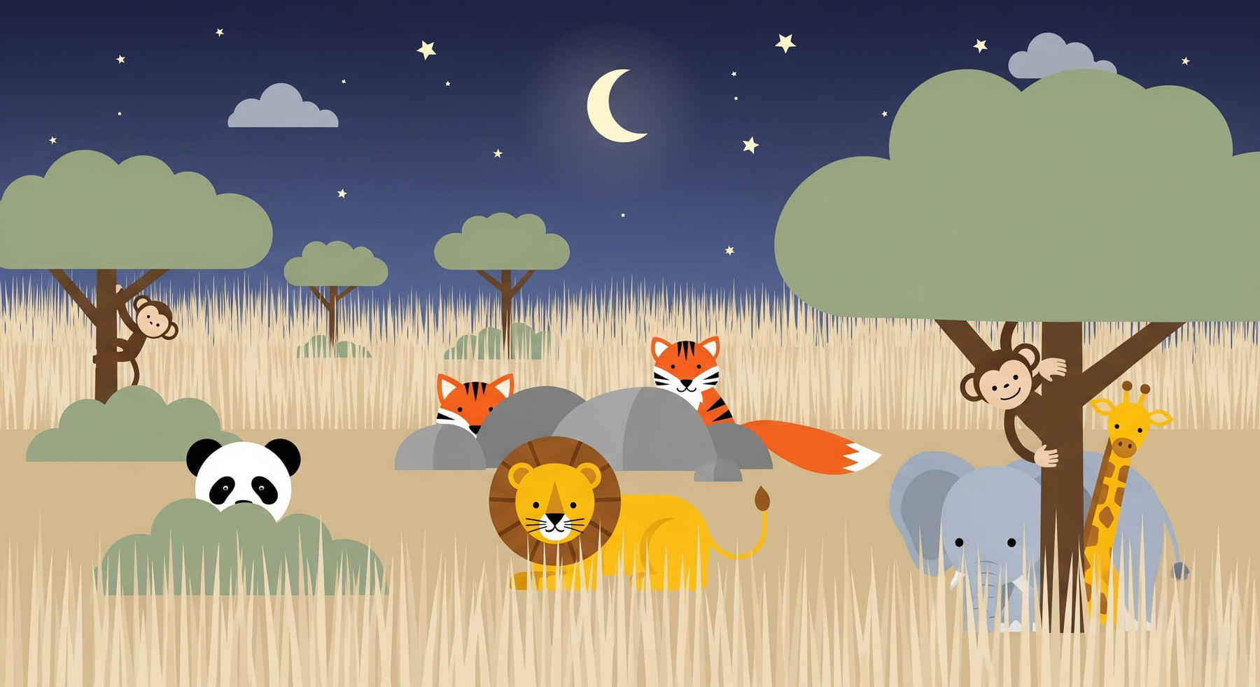 Detailed safari animals mural wallpaper design pattern showing starlit savanna scene by Kids-Mundo