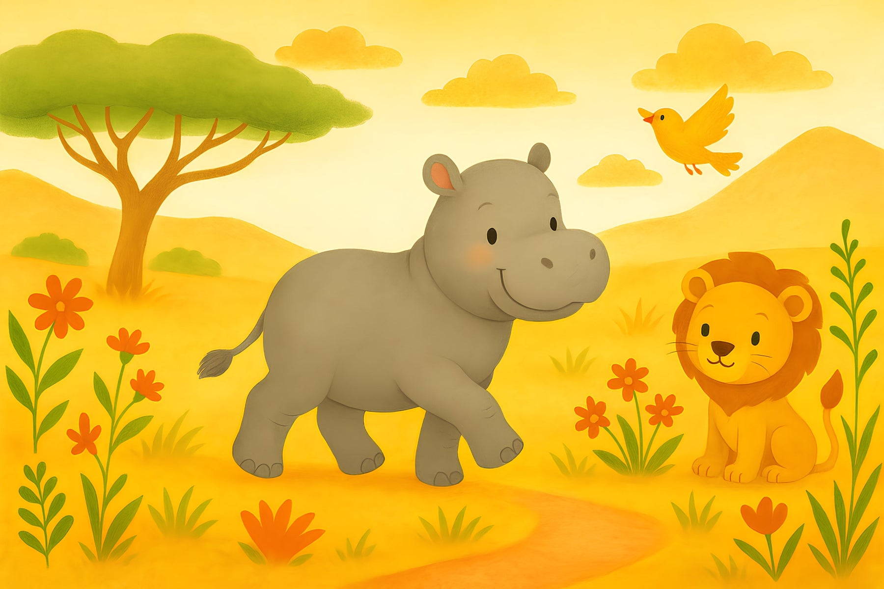 Detailed safari animals mural wallpaper design pattern featuring hippo and lion by Kids-Mundo