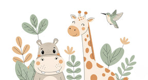 Detailed safari animals mural wallpaper design pattern showing hippo and giraffe by Kids-Mundo