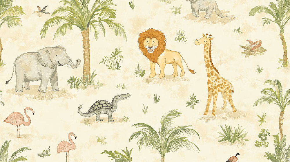 Detailed safari animals mural wallpaper design pattern showing exotic wildlife and palm trees by Kids-Mundo