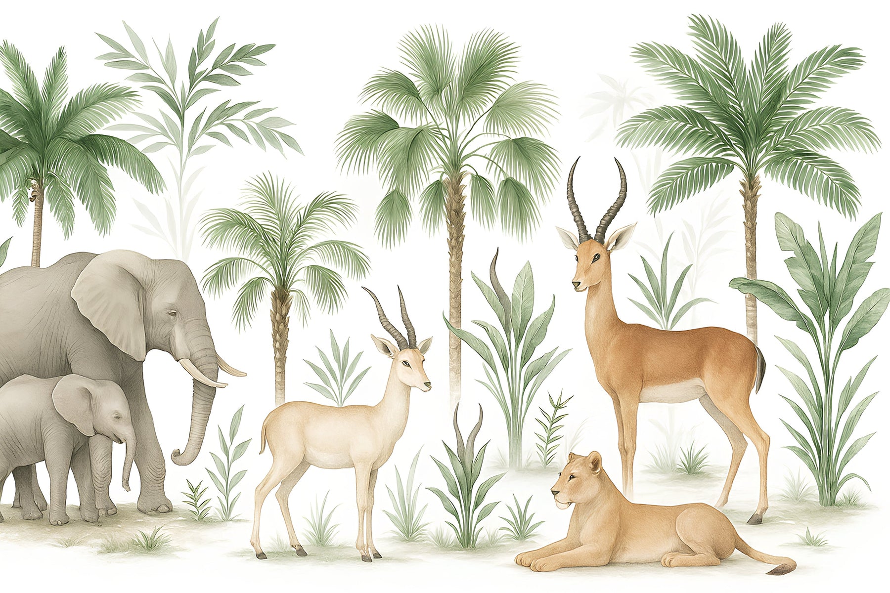 Detailed safari animals mural wallpaper design pattern with elephants and jungle foliage by Kids-Mundo
