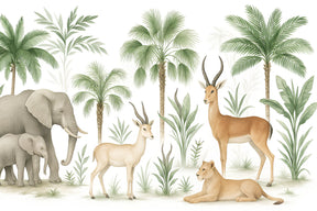 Detailed safari animals mural wallpaper design pattern with elephants and jungle foliage by Kids-Mundo