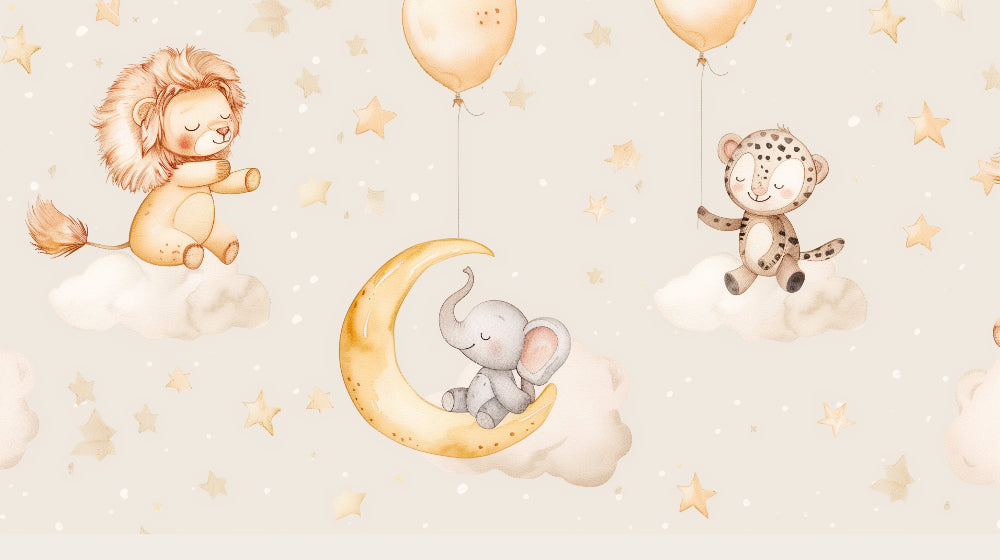 Detailed safari animals on clouds and stars mural wallpaper design pattern by Kids-Mundo