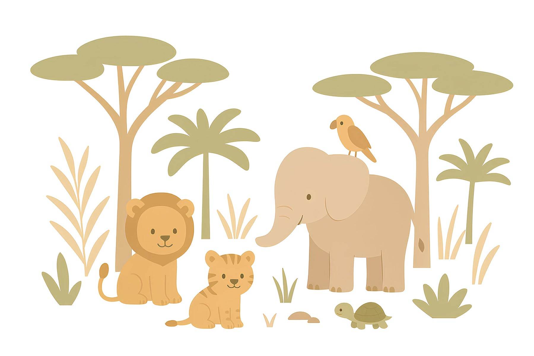 Detailed safari animals mural wallpaper design pattern with elephant, lions and turtle by Kids-Mundo