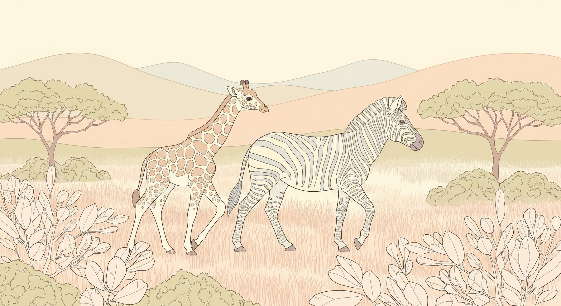 Detailed safari animals mural wallpaper design pattern showing giraffe and zebra artwork by Kids-Mundo