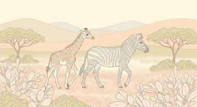 Detailed safari animals mural wallpaper design pattern showing giraffe and zebra artwork by Kids-Mundo