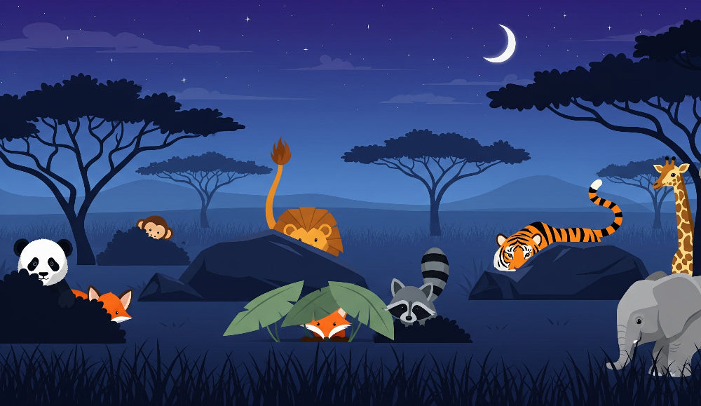 Detailed safari animals mural wallpaper design pattern with starry night savanna scene by Kids-Mundo
