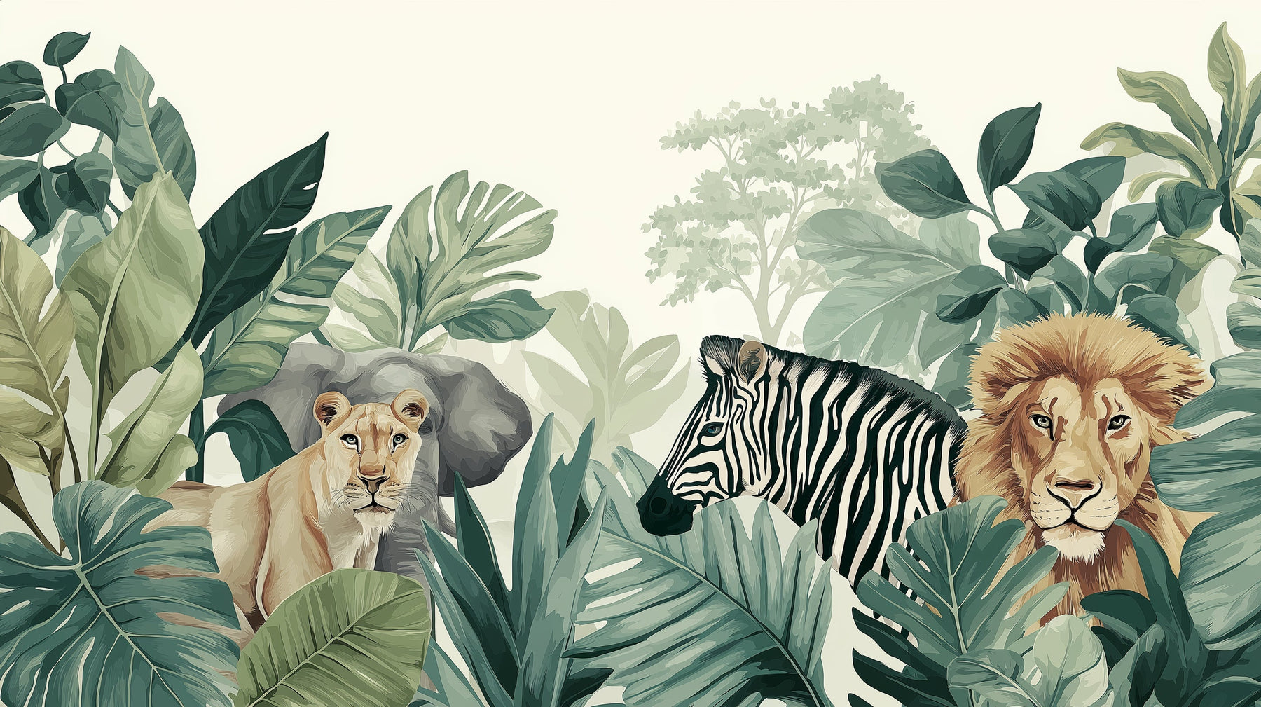 Detailed safari animals mural wallpaper design pattern with lions zebra jungle foliage by Kids-Mundo