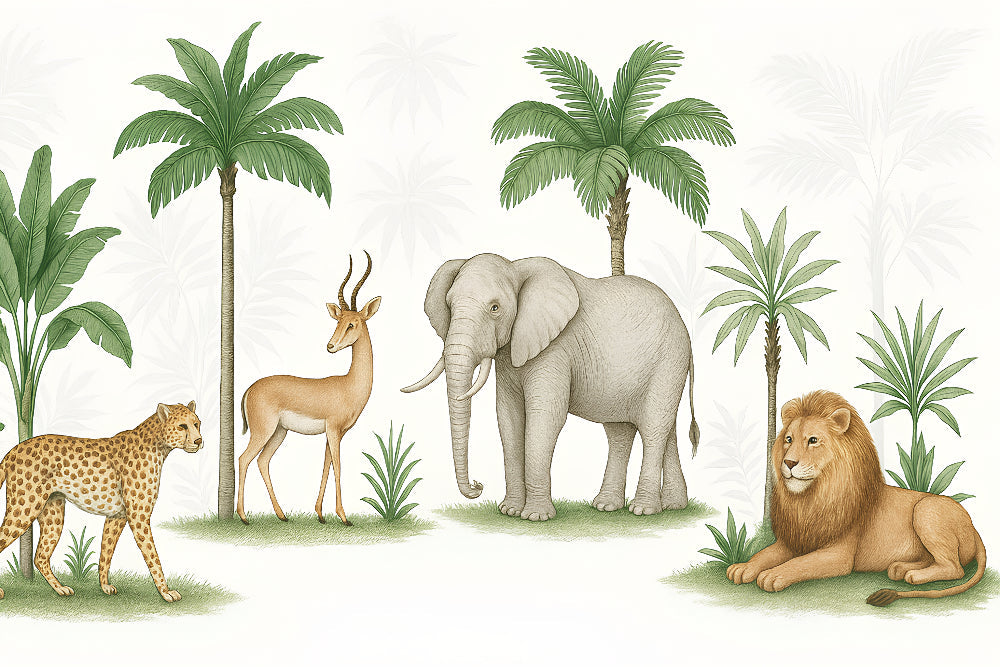 Detailed safari animals mural wallpaper design pattern showing African wildlife by Kids-Mundo