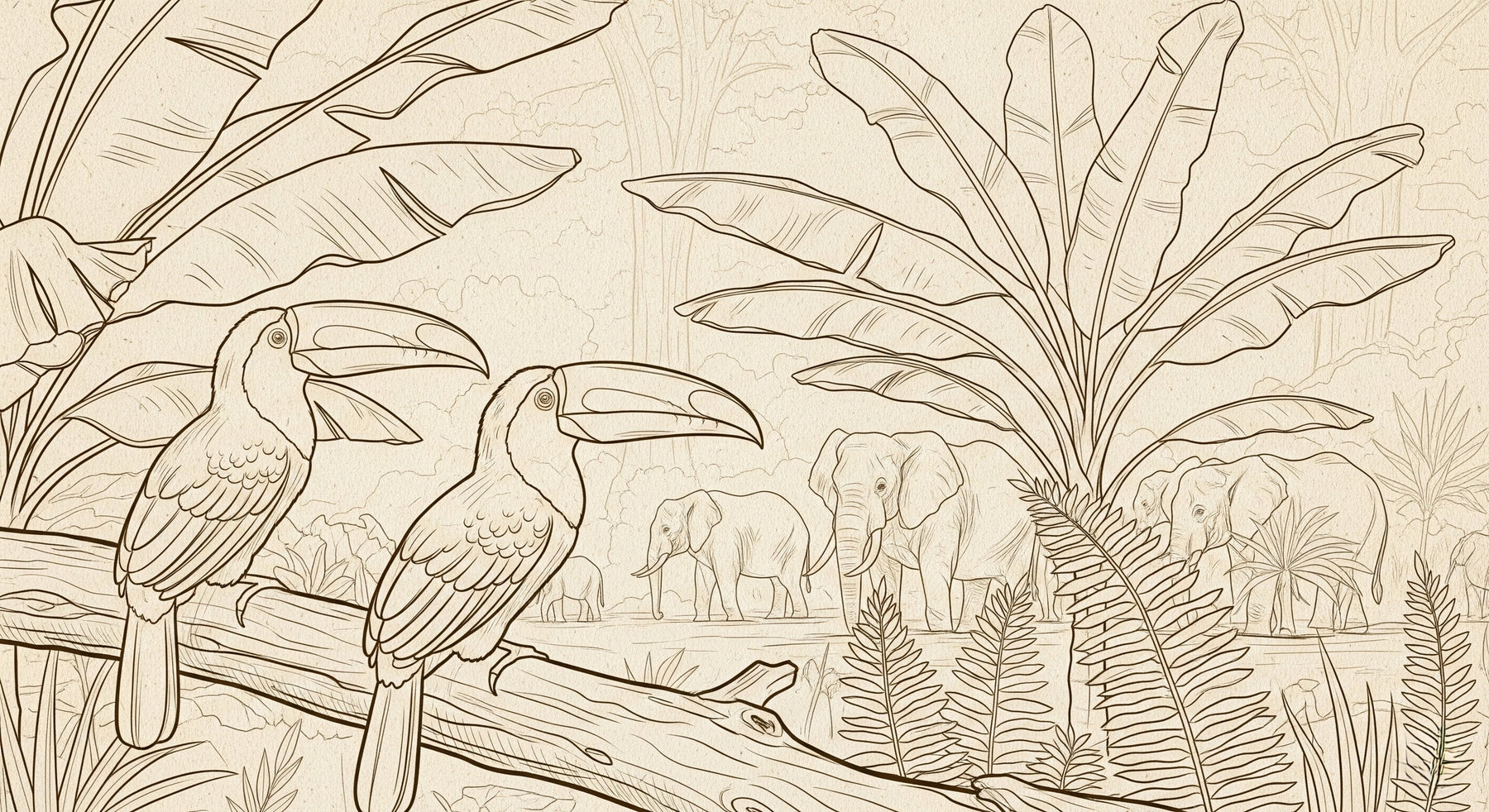 Detailed safari animals mural wallpaper design pattern with toucans and elephants by Kids-Mundo