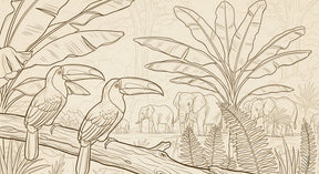 Detailed safari animals mural wallpaper design pattern with toucans and elephants by Kids-Mundo
