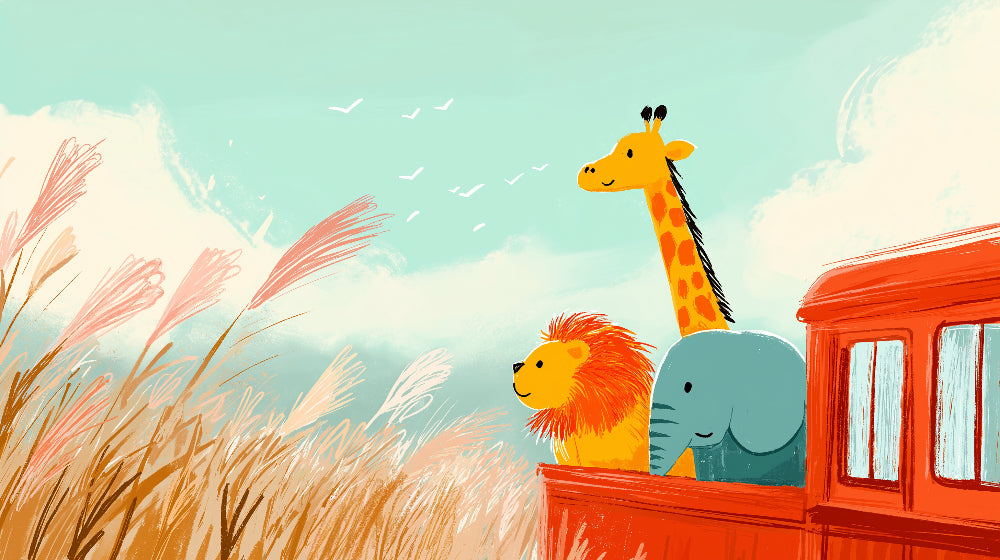 Detailed safari animals mural wallpaper design pattern featuring giraffe, lion and elephant by Kids-Mundo
