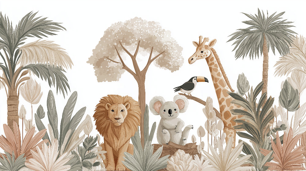 Detailed safari animals mural wallpaper design pattern showing lion koala giraffe toucan by Kids-Mundo
