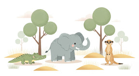 Detailed safari animals mural wallpaper design pattern showing elephant crocodile meerkat by Kids-Mundo