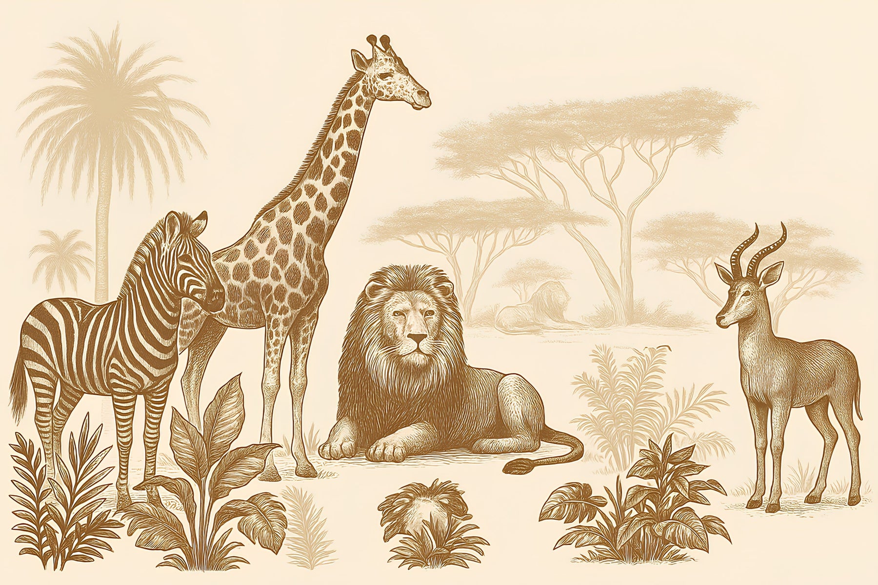 Detailed safari animals mural wallpaper design pattern with lion, giraffe, zebra and tropical plants by Kids-Mundo