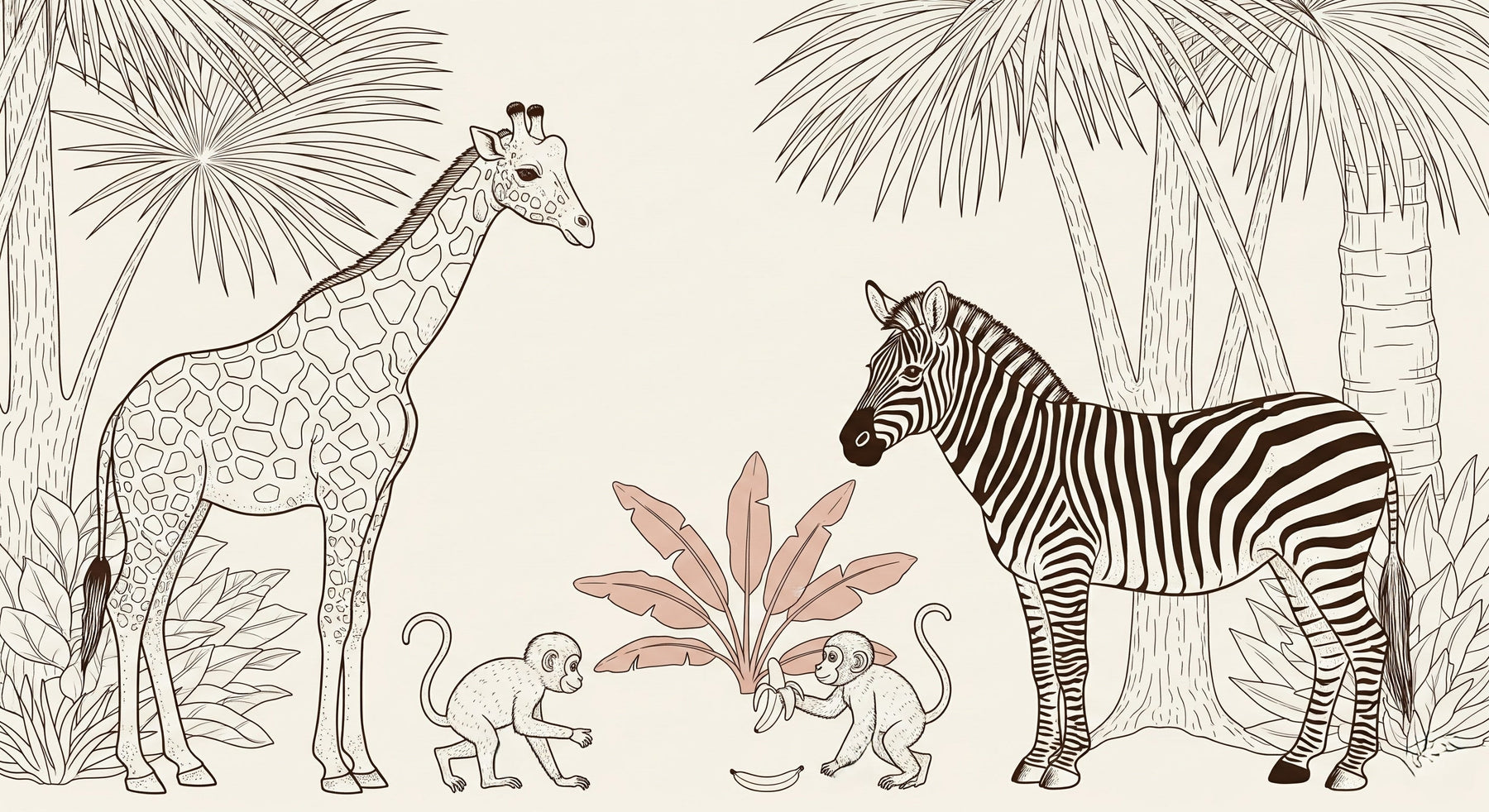 Detailed safari animals mural wallpaper design pattern with giraffe zebra monkeys by Kids-Mundo