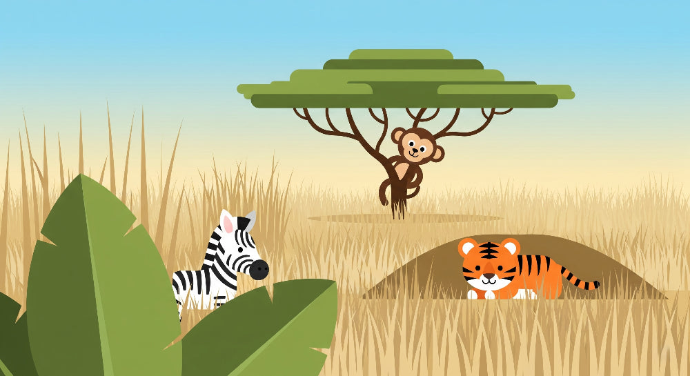 Detailed safari animals mural wallpaper design pattern featuring savanna wildlife by Kids-Mundo