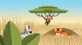 Detailed safari animals mural wallpaper design pattern featuring savanna wildlife by Kids-Mundo