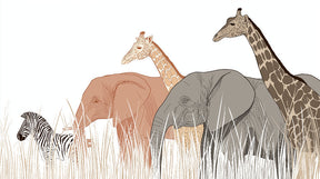 Detailed safari animals mural wallpaper design pattern with elephants, giraffes and zebra by Kids-Mundo