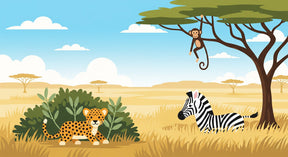 Detailed safari animals mural wallpaper design pattern with leopard, zebra and monkey by Kids-Mundo