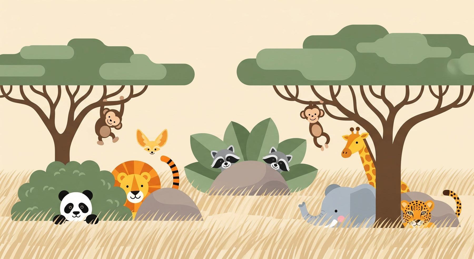 Detailed safari animals mural wallpaper design pattern featuring monkeys, lions and pandas by Kids-Mundo