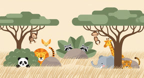 Detailed safari animals mural wallpaper design pattern featuring monkeys, lions and pandas by Kids-Mundo