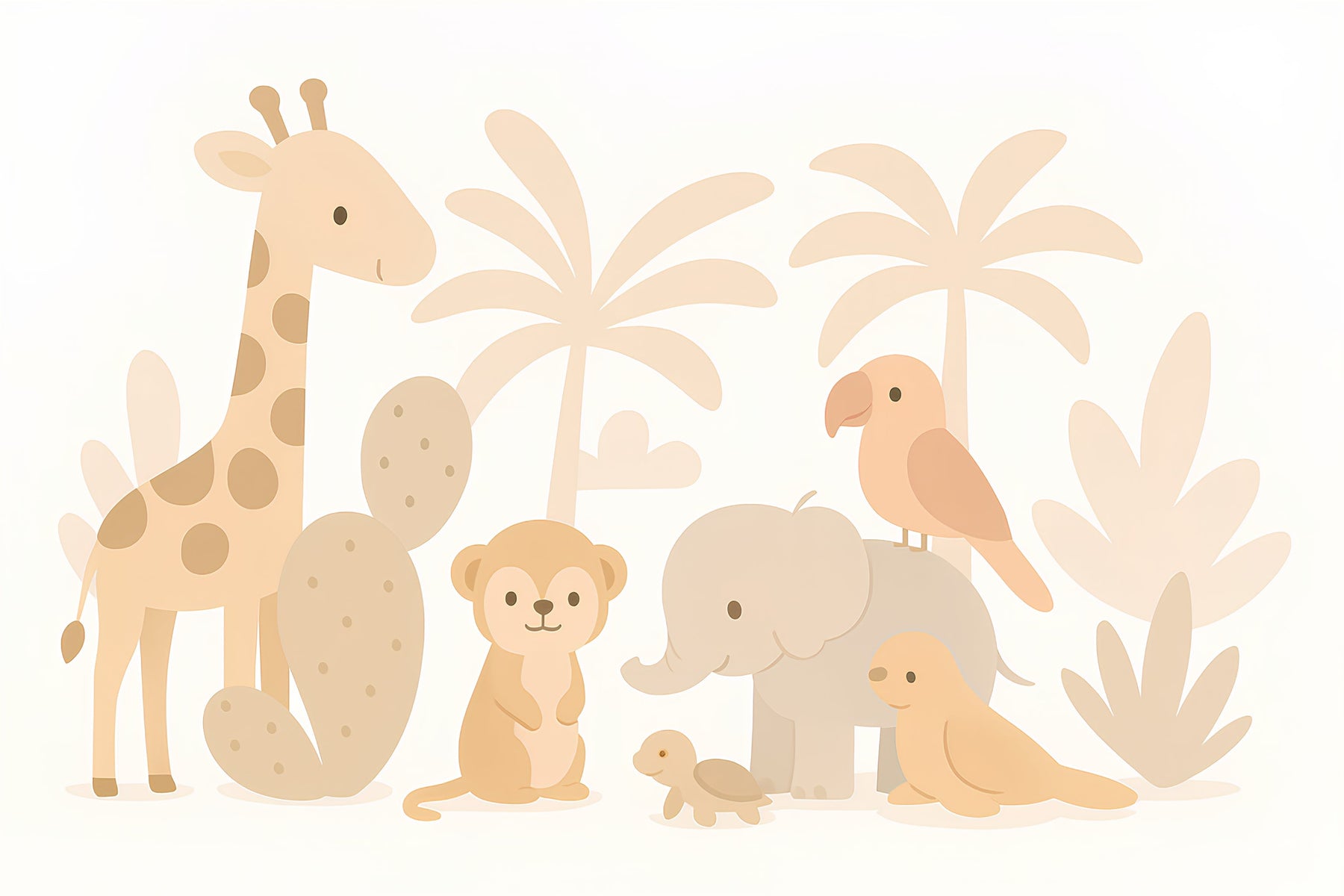 Detailed safari animals mural wallpaper design pattern featuring giraffe, elephant and lion by Kids-Mundo
