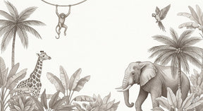 Detailed safari animals mural wallpaper design pattern featuring giraffe elephant and monkey by Kids-Mundo