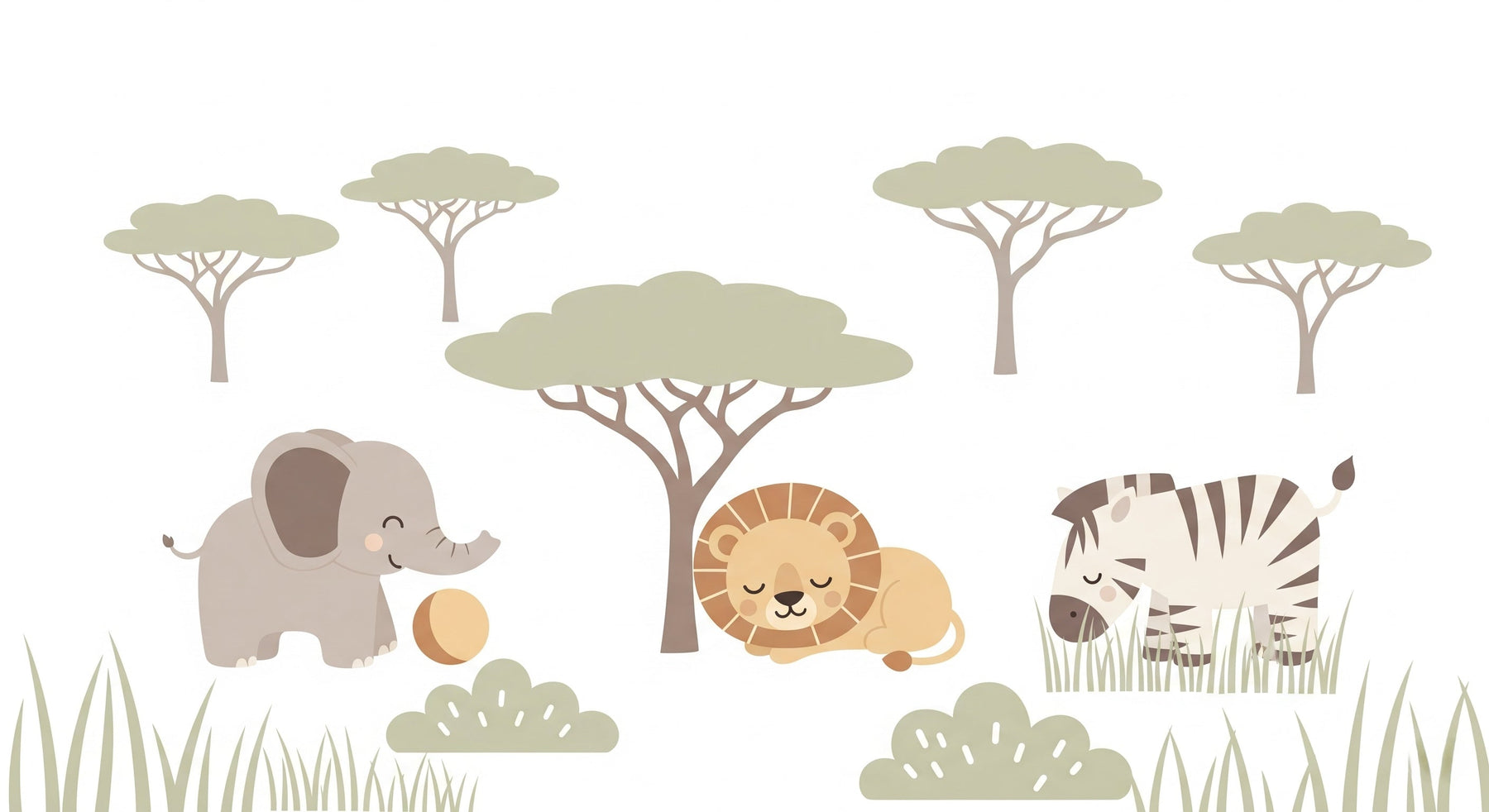 Detailed safari animals mural wallpaper design pattern showing elephant, lion and zebra by Kids-Mundo