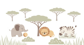 Detailed safari animals mural wallpaper design pattern showing elephant, lion and zebra by Kids-Mundo