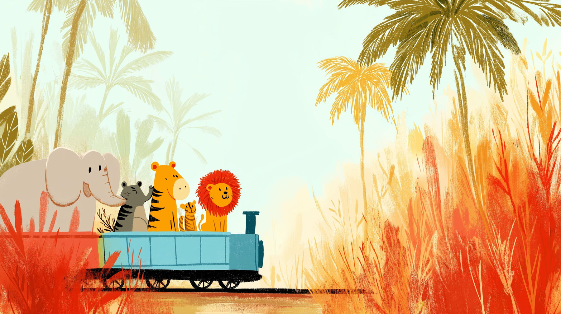Detailed safari animals mural wallpaper design pattern with elephant tiger lion wagon by Kids-Mundo